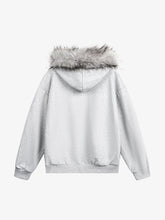 Detachable Fur Collar Half-zip Printed Hooded Cardigan Sweatshirt